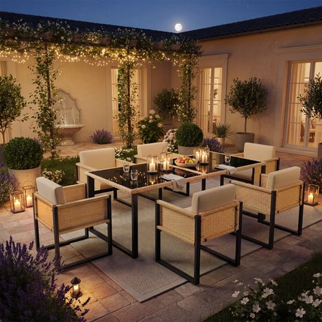Ensemble repas extérieur 6 personnes : table et fauteuils en résine tressée, mobilier de jardin avec coussins amovibles lavables.