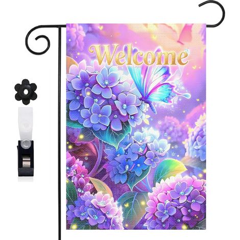 Drapeau de jardin bienvenue 30 x 45 cm motif fleurs hortensia et papillon élégant toile double face (1/5)