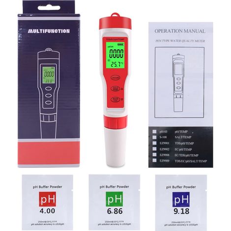Medidor de pH para piscinas 4 en 1, medidor electrónico digital de calidad del agua para pruebas de pH/TDS/EC/temperatura de alta precisión para agua potable, acuarios e hidroponía. (1/5)