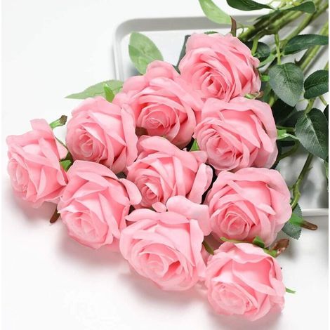 10 roses artificielles en soie, tige unique, roses soufflées pour bouquet de mariée, mariage, anniversaire, décoration intérieure et extérieure - Rose clair