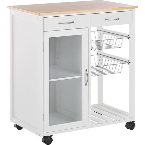 Carrito de cocina de madera de pino blanco ruedas 2 estantes 1 armario 2 cajones moderno sala de estar Boves