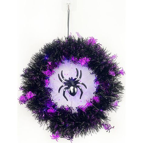 Couronne de porte d'Halloween avec lumières, couronne d'araignée décorative d'Halloween avec lumières violettes, décorations d'Halloween pour l'extérieur, l'intérieur et les fenêtres. (1/5)