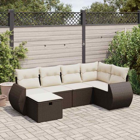 Salon de Jardin Modulaire 6 Places en Résine Tressée Marron avec Coussins Blancs, Rangement et Pouf, Résistant aux Intempéries (1/5)