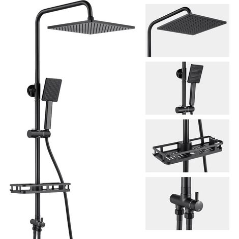 AURALUM MAX 2-Funktionen Edelstahl Duschsystem mit Handbrause, quadratischer Kopfbrause, Regal und Höhenverstellbar Duschstange, Schwarz