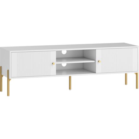 Meuble TV blanc 140x38x45,9cm, support téléviseur jusqu'à 65 pouces, 2 portes, 2 niches ouvertes, pieds acier (1/5)