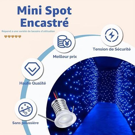 Mini Spot LED 12V 1W RGB IP65 Étanche Petite Taille Lampes Avec Transfo 220V 15mm Pointeur Éclairage Encastré Pour Meuble Veilleuse Armoires Escaliers (Bleu) (1/4)