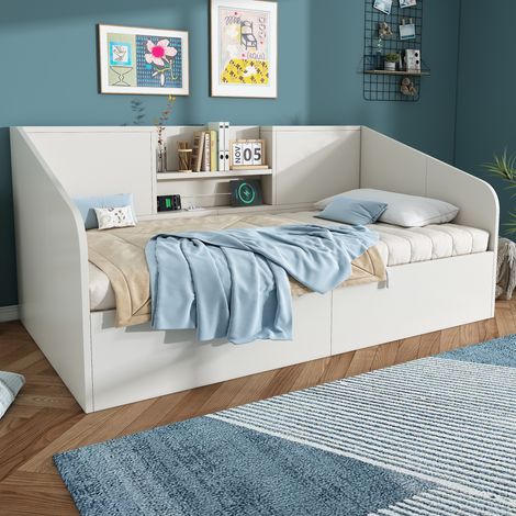 Lit Banquette Hydraulique 90x200 cm Lit Coffre 1 Place en Bois avec 2 Étagères Ouvertes, Charge USB, Sommier à Lattes - Blanc