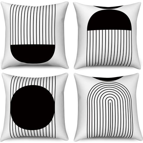 Housses de coussin style bohème, 45x45 cm, ensemble de 4 pièces, motif géométrique abstrait médiéval noir et blanc en forme d'arc de soleil (1/5)
