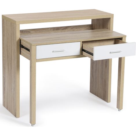 Idmarket – Bureau assis debout extensible blanc et hêtre – Dimensions 98,5x64x88 cm – 2 tiroirs coulissants – Design contemporain pour petits espaces