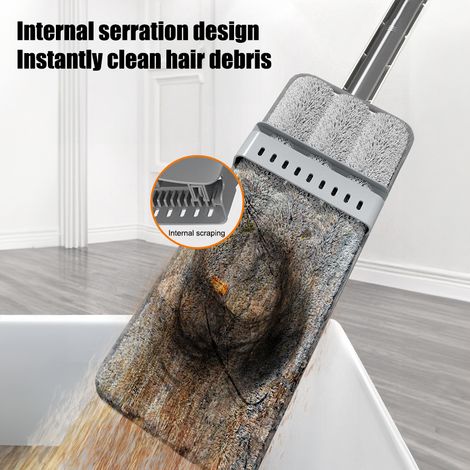 Ortviai Balai plat à essorage automatique 360° avec 2 lingettes microfibre lavables – Usage humide et sec pour sols durs