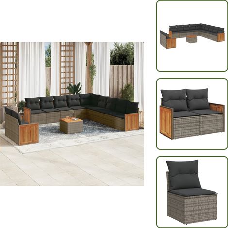 12-tlg. Garten-Sofagarnitur mit Kissen Grau Poly Rattan - Gartenmöbel Set - Rattan Möbel - Outdoor Möbel - Lounge Set - Esstisch