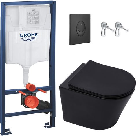 Grohe Pack WC Bâti-support Rapid SL + WC Infinitio sans bride noir mat + Abattant softclose + Plaque noire mat