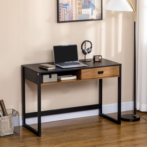 Bureau industriel avec tiroir pour chambre et bureau, 110x50x76cm, noyer et noir (1/5)