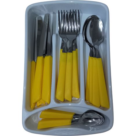 Servizio di Posate completo 24 Pezzi per tavola di 6 persone manico giallo in Acciaio Inossidabile Lavabili in Lavastoviglie Made in Italy in omaggio il Porta Posate da Cassetto