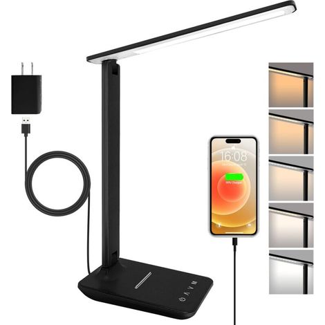 Lampe de Bureau LED avec Adaptateur, Pliable Lampe de Chevet Dimmable avec 5 Modes de Couleur et 5 Niveaux de Luminosité, Port de Charge USB, Pour Lecture Travail (Noir) [Classe énergétique F] (1/5)