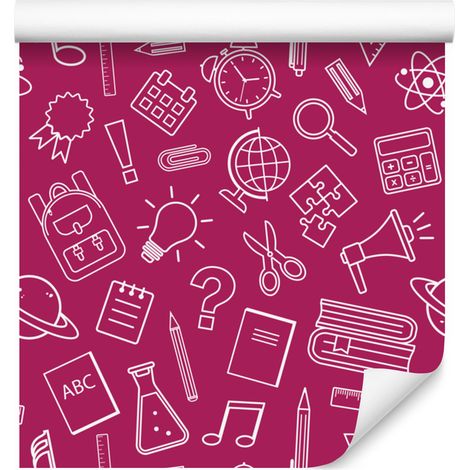 Papel pintado con diseño de material escolar en color morado para salón y dormitorio, 50x1000 cm. (1/5)
