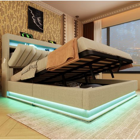 Doppelbett 160x200 cm aus beigem Leinen mit LED und USB, ohne Matratze – MEUBLIV (1/5)