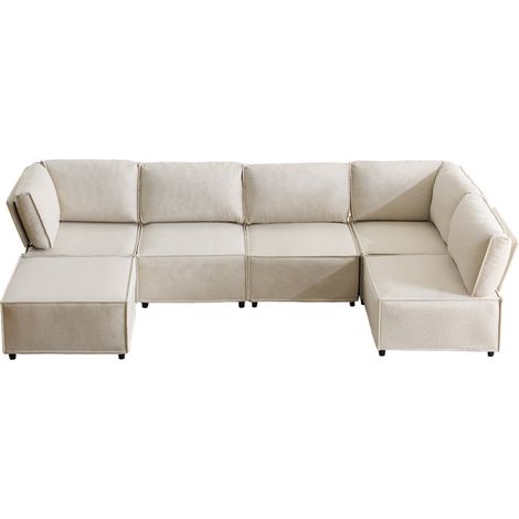 Canapé d'angle modulaire en bois avec tissu beige, flexible et personnalisable, idéal pour tous les espaces de vie (1/5)