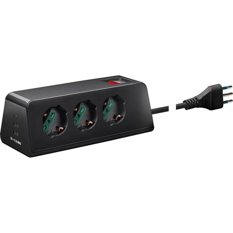 Multiprise de Bureau avec Interrupteur Automatique de Protection et câble 2 m, 3 Sorties universelles Standard Italien, 2 Sorties USB A et 1 Sortie USB C, fiche 10A, Noir (1/5)