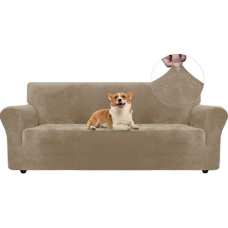 Housse de Canapé en Velours, Housse de Canape 3 Places, Housse pour Canapé Extensible, Universelle Sofa Cover avec Accoudoirs, Protection Canapé Chat Chiens Griffures, Camel (1/5)