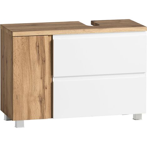 Waschbeckenunterschrank mit Siphonausschnitt rechts VASTO-03-WHITE, in Wotan Eiche Nb. mit weiß matt, B/H/T ca. 85/56/35 cm (1/5)