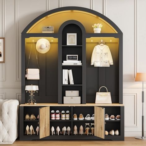 Vestiaire d'entrée avec étagère ouverte à chaussures, crochets et étagère ouverte, en MDF, noir et naturel (1/5)