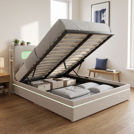 Lit coffre double 140x200 cm avec LED RGB, tête de lit avec rangement, lit capitonné en velours, style moderne, Blanc (1/5)
