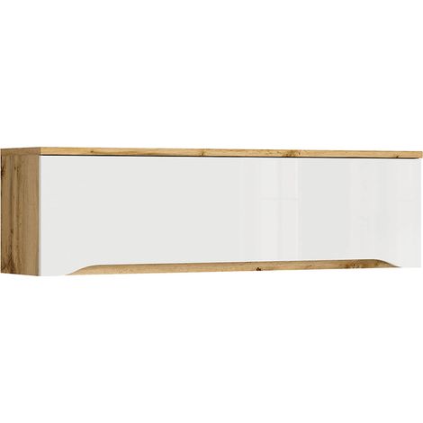 Pegane – Étagère murale à charnières en aggloméré – Coloris chêne wotan et blanc brillant – Longueur 135 cm, profondeur 29 cm, hauteur 37,5 cm – Accessoires verin à gaz SOLIDO (1/5)