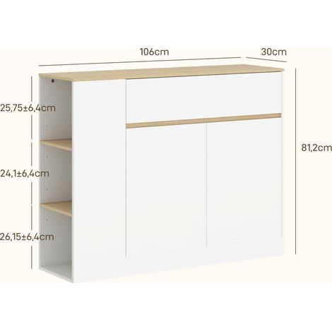 Buffet, grand compartiment de rangement, 3 étagères, tiroir, 106 x 30 x 81,2 cm, blanc/bois (1/5)