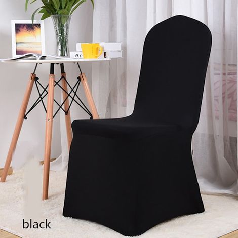 Housse de chaise extensible en polyester noir, taille unique, pour mariage ou réception. (1/5)