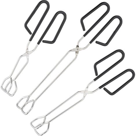 Grillzange, 3-teiliges Set, Edelstahl, rutschfester Griff, Scherenzange, für Grill und Küche, 24, 29 und 33 cm, silber/schwarz.