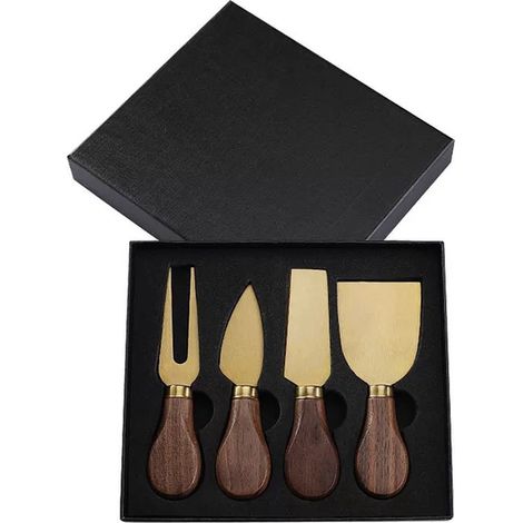 4 pièces - Set de couteaux à fromage - Bambou et acier inoxydable - Couteaux pour fromage - Accessoires de table - Coffret cadeau - Doré (1/5)