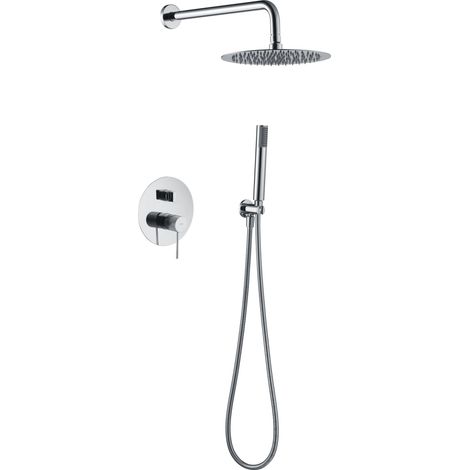IMEX Kit incasso doccia miscelatore Line corpo in ottone cromato 2 vie soffione Ø25 cm tubo flessibile PVC cartuccia monocomando 35 mm supporto a parete finitura acciaio cromato – Imex-GPD038 (1/3)