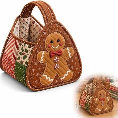 Gesteppte Handtasche mit Lebkuchenmann-Motiv – DIY-Stoffaufbewahrungskorb mit Weihnachtsmotiven – dekoratives Wohnaccessoire für Bastel- und Nähprojekte (1/5)