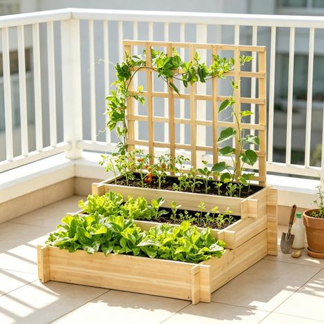 Bac à fleurs surélevé 95x95x110 cm en bois de sapin naturel avec treillis, pour jardin – MEUBLIV (1/5)