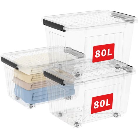 80L3 Boîtes de Rangement avec Couvercles, Boîte de Rangement en Plastique avec Clips et Roulettes, Empilables, Encastrables, pour Placard de Bureau à Domicile, Transparent, 80L, Lot de 3 (1/5)