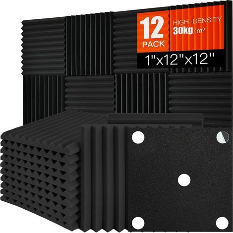 Set of 12 Acoustic Foam Panels, Double-Sided Adhesive, 3D Design, for Studio and Office (1/5)