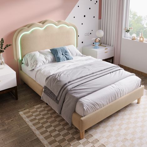 Polsterbett LED Einzelbett 90 x 190 cm, Bettgestell mit Lattenrost und Verstellbares Kopfteil, Gepolstertes bett in Beige,Bettrahmen Jugendbett für Schlafzimmer Gästezimmer-Leinenmaterial (1/5)