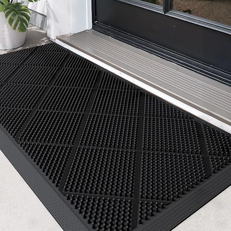 Paillasson Exterieur Entree, Tapis Antidérapant avec Trous de Drainage, Imperméable, Lavable de Porte pour Jardin, Cour, 43 x 90 cm, Noir (1/5)