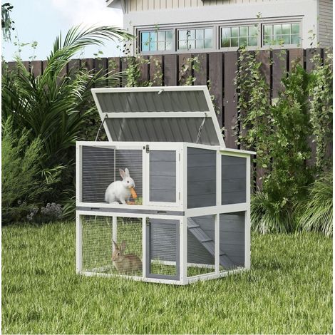 Clapier pour lapins 98x95x102,5 cm en bois gris, toit ouvrant pour extérieur et jardin FloraGrace (1/5)