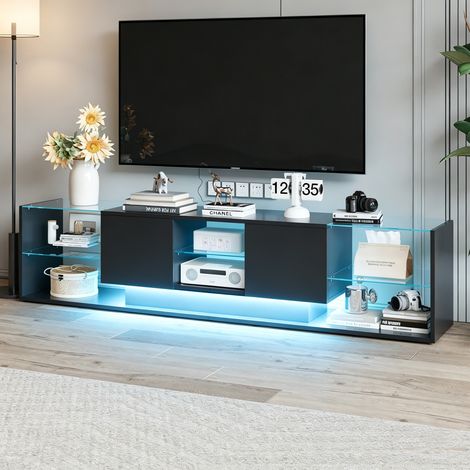 BLANKETSWARM - Meuble TV 200 cm - Éclairage LED - 2 Tiroirs  et 6 étagères en Verre – Meuble TV moderne  pour salon ou chambre, 200x35x45cm, Noir (1/5)