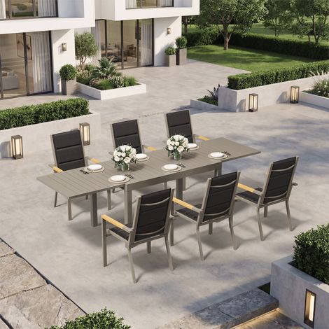 Ensemble Table Chaise Jardin 6 personnes,Table Jardin Chaise en Aluminium,6 Chaises Jardin Accoudoirs Imitation Bois et 1 Table Jardin Extensible (130/260cm),Imperméable,Antirouille,Tout Temps,Marron
