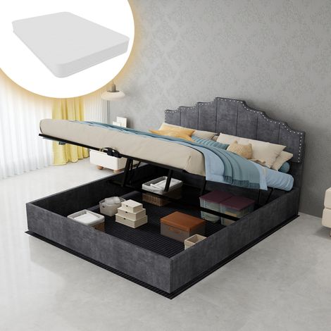 Velours Gris Clouté : Gain de Place et Rangement Optimal, Lit Double 160x200 cm avec Matelas pour Chambre Adulte (1/5)