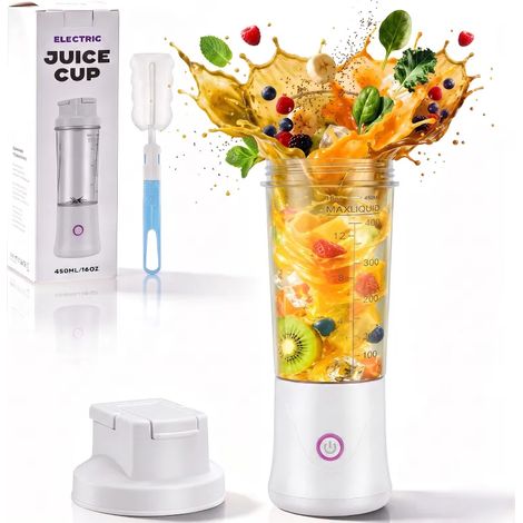 Blender Portable Mixeur Sans Fil 450 ml – 3,7 V USB Rechargeable, 12 Lames Inox 304, Broyeur Glace & Fruits, Brosse de Nettoyage, Fitness Voyage Bureau Maison (1/5)
