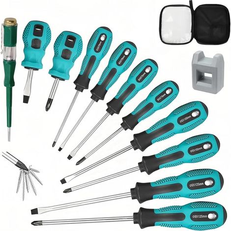 11-teiliges Schraubendreher-Set mit magnetischer Spitze, Spannungsprüfer und Tasche (1/5)