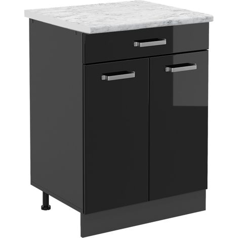 Mueble bajo de cocina R-Line, Negro brillo intenso, 80 cm ET Mármol, Vicco