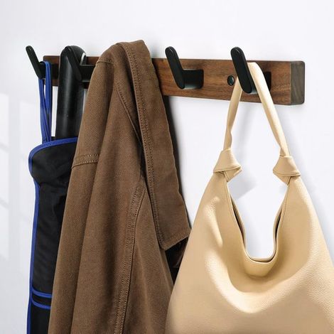 Perchero de pared de madera de nogal, 42 cm, 5 ganchos de aluminio, Montaje en pared, Para abrigos, bolsos, sombreros, llaves y toallas (1/5)