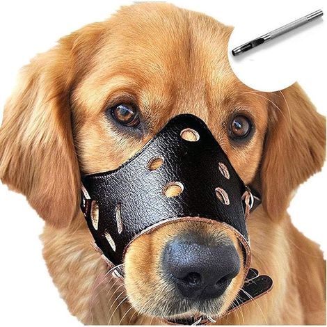 Muselière en cuir pour chien, anti-aboiements, adaptée aux chiens de grande, petite et moyenne taille (noir, taille L) (1/5)