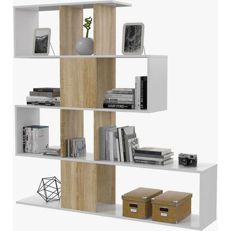 Pegane – Bibliothèque en mélamine zigzag chêne – Dimensions L 145 x H 145 x P 29 cm – Design moderne avec plusieurs espaces de rangement (1/3)