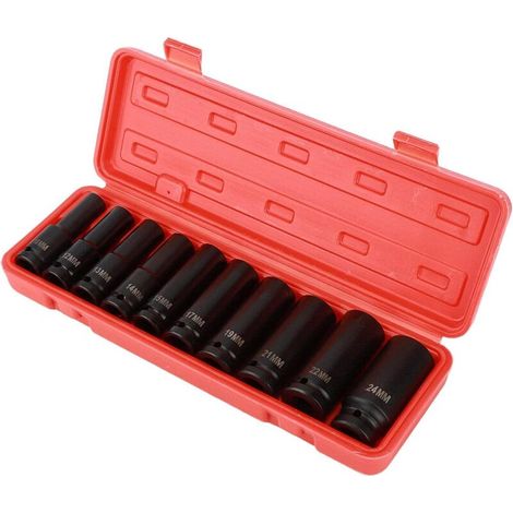 Jeu d'écrous de clé à chocs 1/2 pouce 10 pièces, acier au chrome-vanadium Jeu de douilles à chocs Clé à douille pour écrou kraft Écrous à chocs avec boîte à outils 10 12 13 14 15 17 19 21 22 24 mm (1/5)